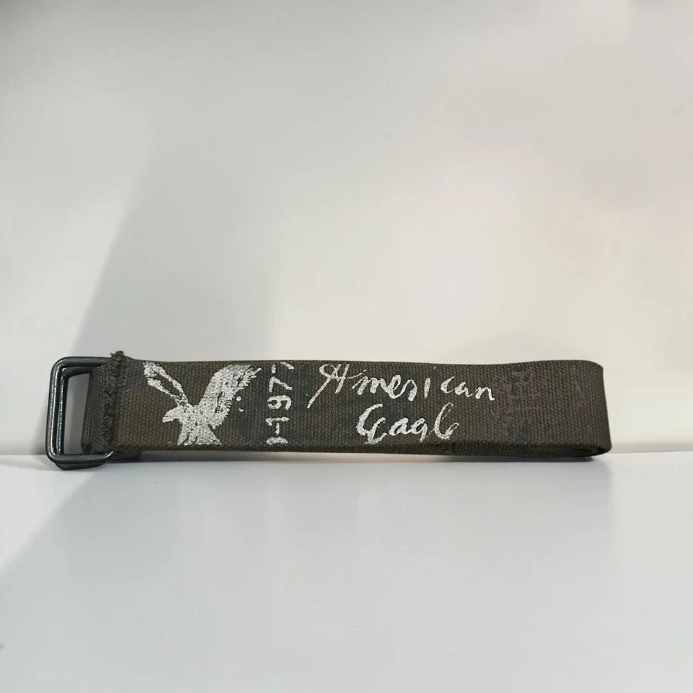 American Eagle Canvas Web Belt Olive Green Military Graphic D-Ring 48x2 Y2K